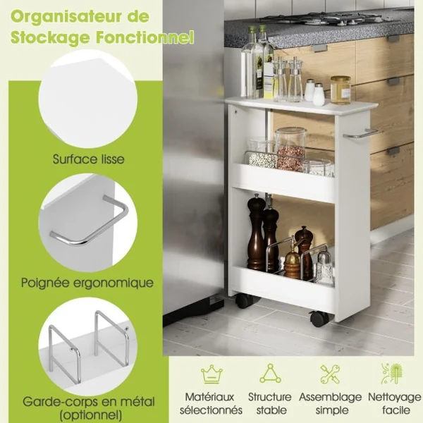 Chariot de Rangement sur Roulettes à 3 Niveaux pour Cuisine Blanc