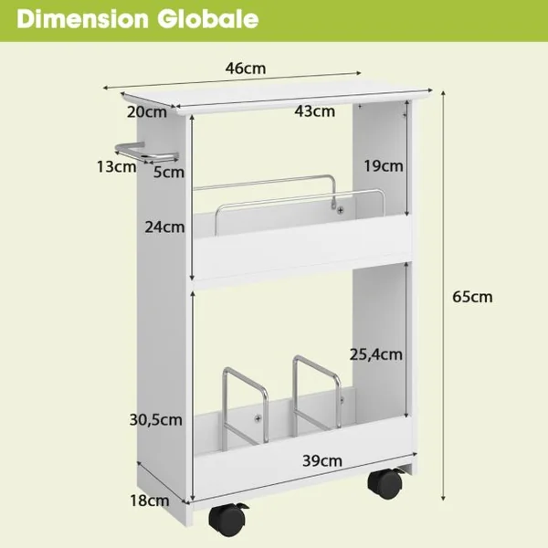 Chariot de Rangement sur Roulettes à 3 Niveaux pour Cuisine Blanc