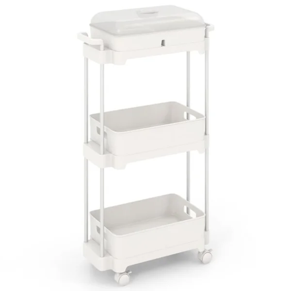 Chariot de Rangement à 3 Niveaux Couvercle Amovible Etagères Organisateur de Rangement Mobile Roues Verrouillables Blanc