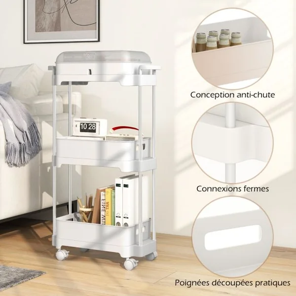 Chariot de Rangement à 3 Niveaux Couvercle Amovible Etagères Organisateur de Rangement Mobile Roues Verrouillables Blanc