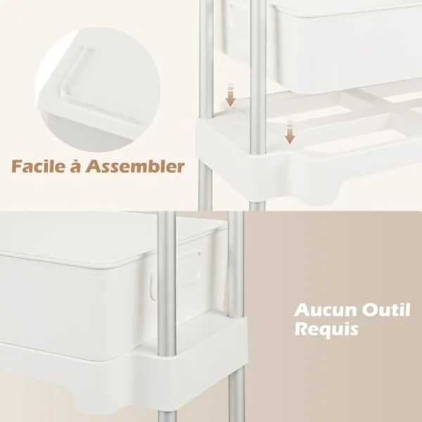 Chariot de Rangement à 3 Niveaux Couvercle Amovible Etagères Organisateur de Rangement Mobile Roues Verrouillables Blanc