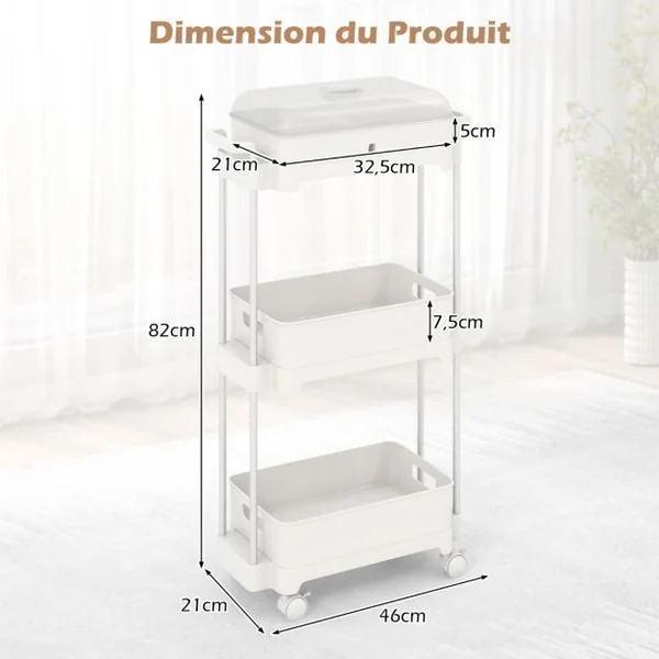 Chariot de Rangement à 3 Niveaux Couvercle Amovible Etagères Organisateur de Rangement Mobile Roues Verrouillables Blanc