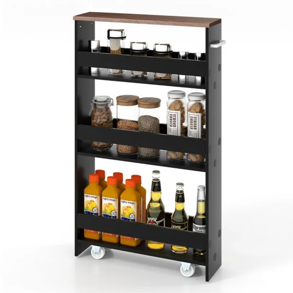 Chariot de Rangement à Roulettes Maince Mobile à 4 Niveaux pour Cuisine Étroites Salle de Bain Buanderie Bureau Marron