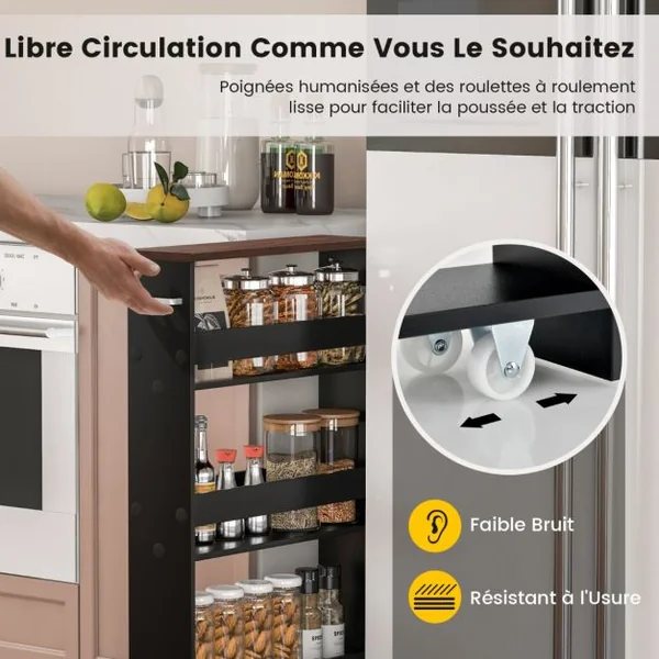 Chariot de Rangement à Roulettes Maince Mobile à 4 Niveaux pour Cuisine Étroites Salle de Bain Buanderie Bureau Marron