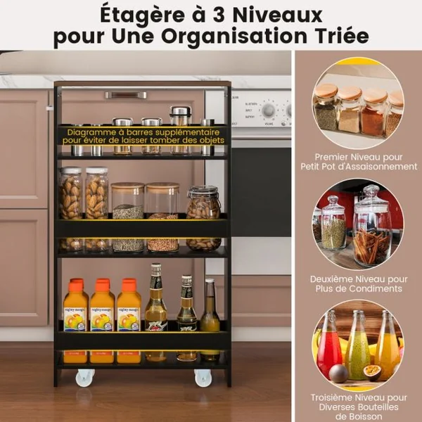 Chariot de Rangement à Roulettes Maince Mobile à 4 Niveaux pour Cuisine Étroites Salle de Bain Buanderie Bureau Marron