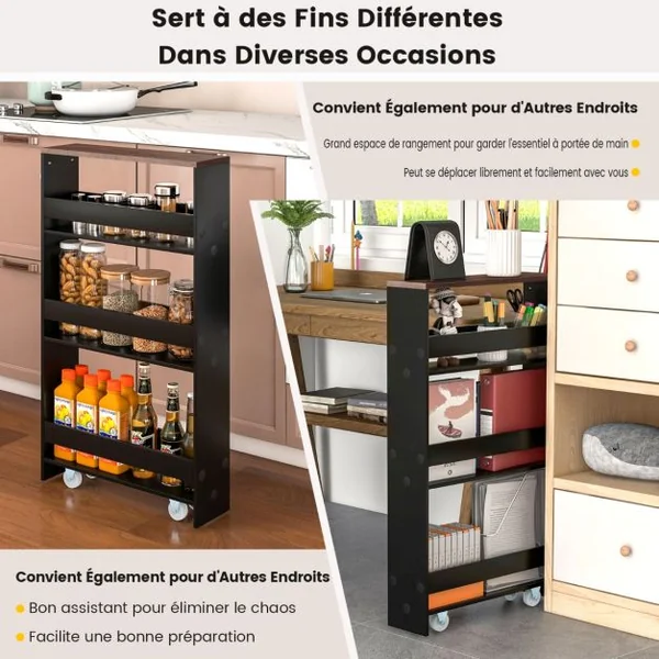 Chariot de Rangement à Roulettes Maince Mobile à 4 Niveaux pour Cuisine Étroites Salle de Bain Buanderie Bureau Marron