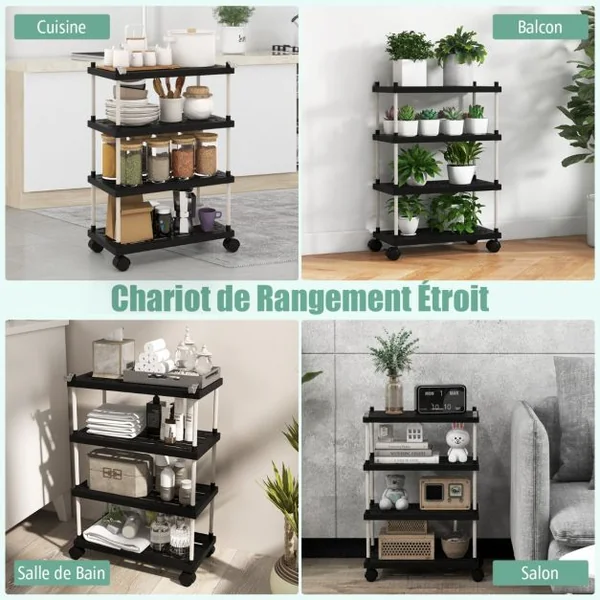 Chariot de Rangement Étroit 4 Niveaux Desserte à Roulettes 2 Crochets Étagères creuses Cuisine Bureau Salle de Bain Noir