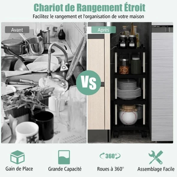 Chariot de Rangement Étroit 4 Niveaux Desserte à Roulettes 2 Crochets Étagères creuses Cuisine Bureau Salle de Bain Noir