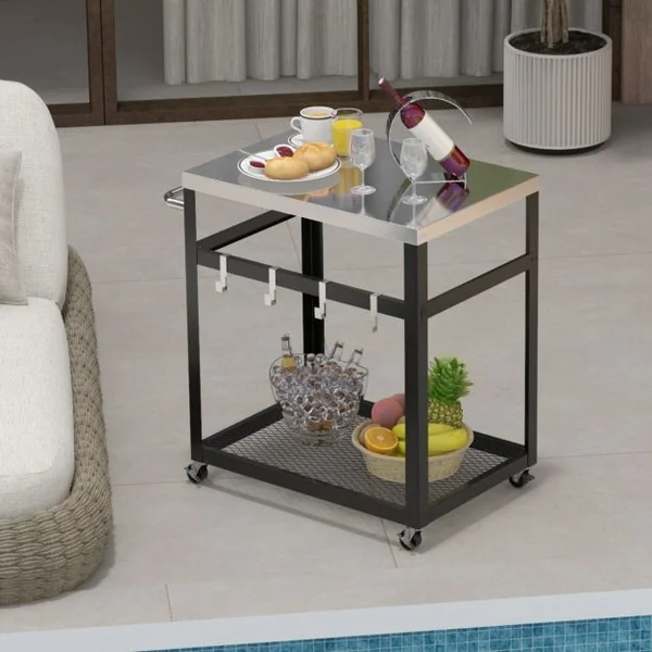Chariot de Service d'Extérieur à 2 Étagères Desserte de Jardin avec Plateau et Poignée en Acier Inoxydable 4 Crochets 83,5 x 50,5 x 84,5 cm Noir