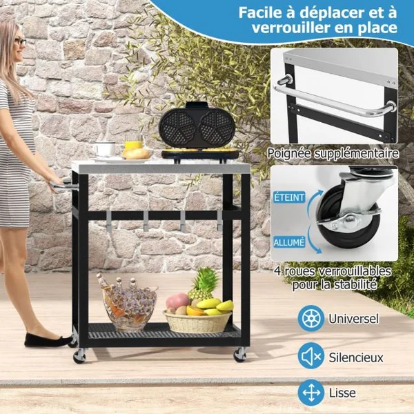 Chariot de Service d'Extérieur à 2 Étagères Desserte de Jardin avec Plateau et Poignée en Acier Inoxydable 4 Crochets 83,5 x 50,5 x 84,5 cm Noir