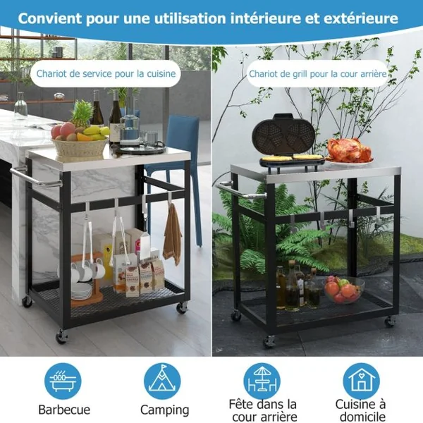 Chariot de Service d'Extérieur à 2 Étagères Desserte de Jardin avec Plateau et Poignée en Acier Inoxydable 4 Crochets 83,5 x 50,5 x 84,5 cm Noir