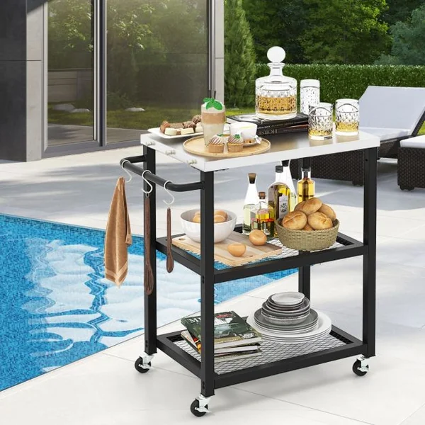Chariot de Service d'Extérieur à 3 Étagères Desserte de Jardin avec Plateau et Poignée en Acier Inoxydable 3 Crochets 72,5 x 41 x 81 cm Noir