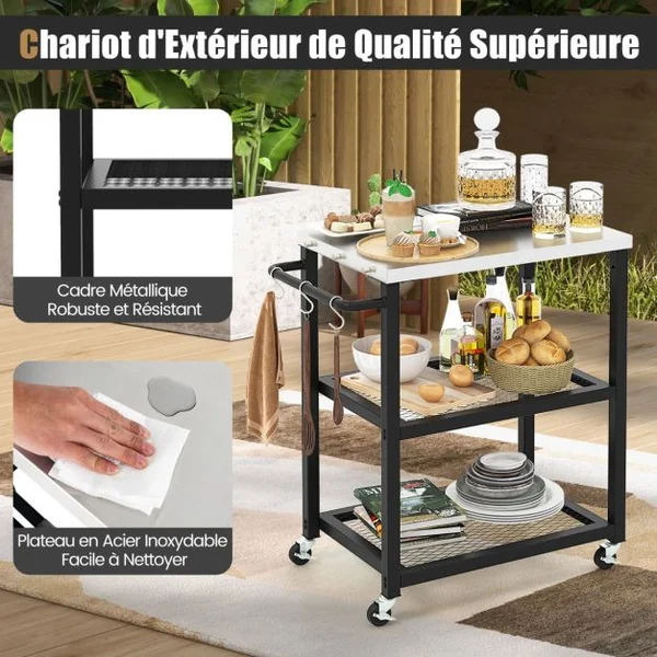 Chariot de Service d'Extérieur à 3 Étagères Desserte de Jardin avec Plateau et Poignée en Acier Inoxydable 3 Crochets 72,5 x 41 x 81 cm Noir