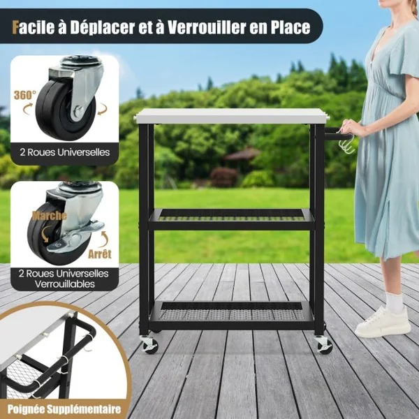 Chariot de Service d'Extérieur à 3 Étagères Desserte de Jardin avec Plateau et Poignée en Acier Inoxydable 3 Crochets 72,5 x 41 x 81 cm Noir
