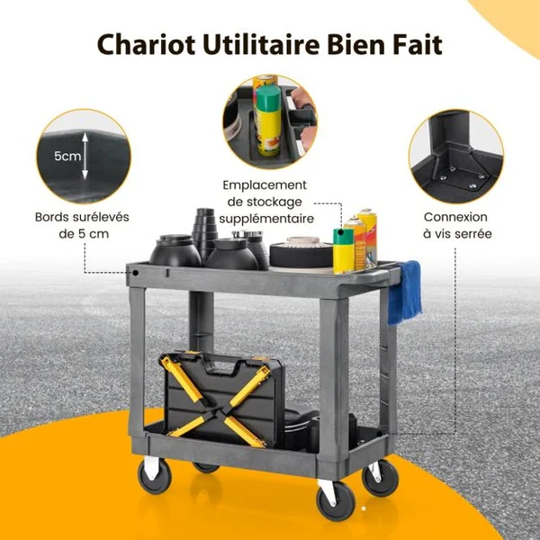 Chariot de Service à 2 Niveaux en Pp Capacité 250 Kg Chariot de Travail Étagère Centrale Réglable Poignée de Rangement Chariot à Outils Roulant Gris