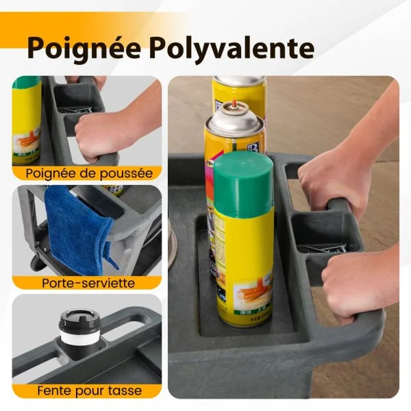 Chariot de Service à 2 Niveaux en Pp Capacité 250 Kg Chariot de Travail Étagère Centrale Réglable Poignée de Rangement Chariot à Outils Roulant Gris