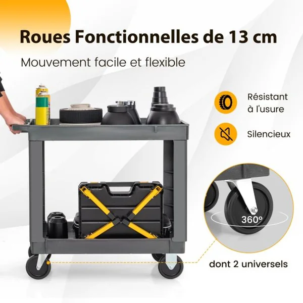 Chariot de Service à 2 Niveaux en Pp Capacité 250 Kg Chariot de Travail Étagère Centrale Réglable Poignée de Rangement Chariot à Outils Roulant Gris