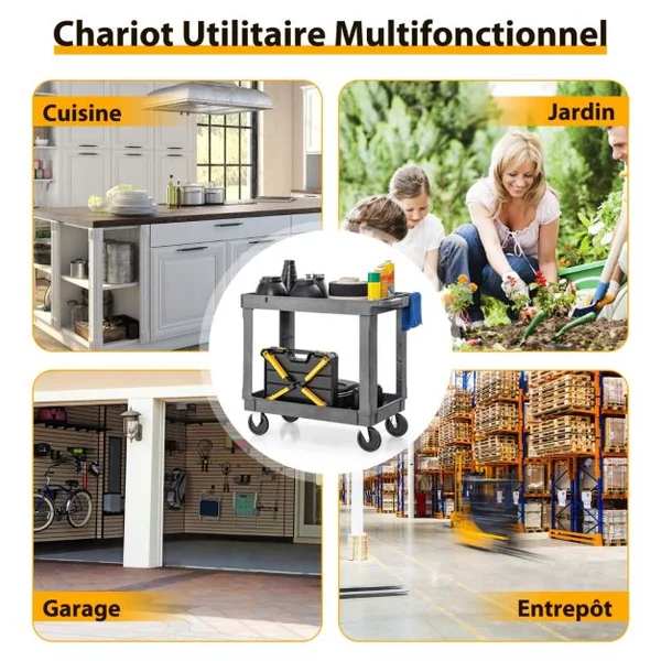 Chariot de Service à 2 Niveaux en Pp Capacité 250 Kg Chariot de Travail Étagère Centrale Réglable Poignée de Rangement Chariot à Outils Roulant Gris