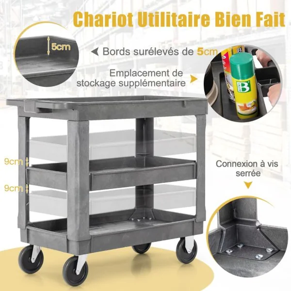 Chariot de Service à 3 Niveaux en Pp Capacité 250 Kg Chariot de Travail Étagère Centrale Réglable Poignée de Rangement Chariot à Outils Roulant Gris