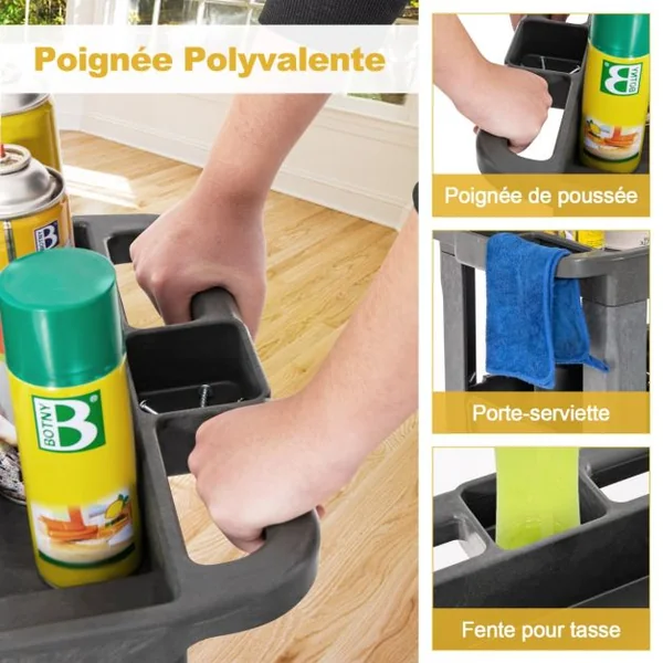 Chariot de Service à 3 Niveaux en Pp Capacité 250 Kg Chariot de Travail Étagère Centrale Réglable Poignée de Rangement Chariot à Outils Roulant Gris