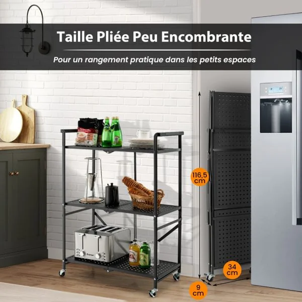 Chariot de Service à roulettes Pliable - 3 Niveaux 4 Roues Flexibles (2 Verrouillables) pour Cuisine Garage Jardin Noir
