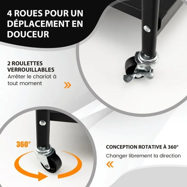 Chariot de Service à roulettes Pliable - 3 Niveaux 4 Roues Flexibles (2 Verrouillables) pour Cuisine Garage Jardin Noir
