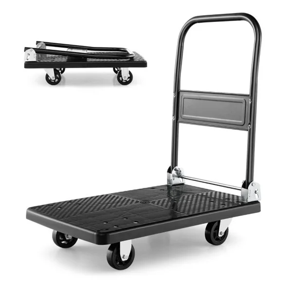 Chariot de Transport Pliable en Acier à Plate-Forme Chariot à 4 Roulettes Pivotantes à 360° Charge 200 KG pour Déménagement Maison Shopping Noir