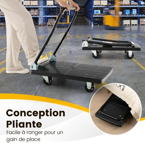 Chariot de Transport Pliable en Acier à Plate-Forme Chariot à 4 Roulettes Pivotantes à 360° Charge 200 KG pour Déménagement Maison Shopping Noir
