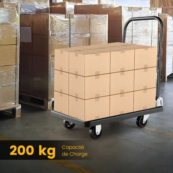 Chariot de Transport Pliable en Acier à Plate-Forme Chariot à 4 Roulettes Pivotantes à 360° Charge 200 KG pour Déménagement Maison Shopping Noir