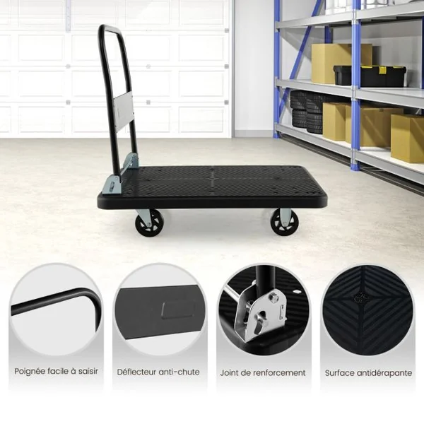 Chariot de Transport Pliable en Acier à Plate-Forme Chariot à 4 Roulettes Pivotantes à 360° Charge 400 KG pour Déménagement Maison Shopping Noir