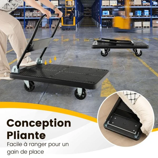 Chariot de Transport Pliable en Acier à Plate-Forme Chariot à 4 Roulettes Pivotantes à 360° Charge 400 KG pour Déménagement Maison Shopping Noir
