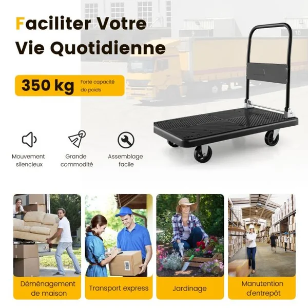 Chariot de Transport Pliable en Acier à Plate-Forme Chariot à 4 Roulettes Pivotantes à 360° Charge 400 KG pour Déménagement Maison Shopping Noir