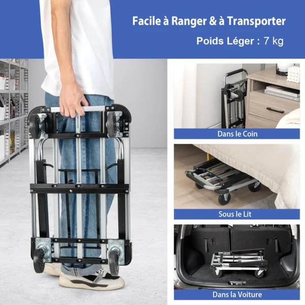 Chariot de Transport Pliable en Aluminium avec Plateau Extensible et Réglable en Hauteur Chariot à 4 Roulettes Pliable Charge 150 KG