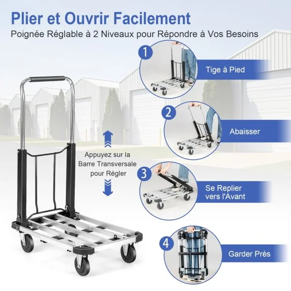Chariot de Transport Pliable en Aluminium avec Plateau Extensible et Réglable en Hauteur Chariot à 4 Roulettes Pliable Charge 150 KG