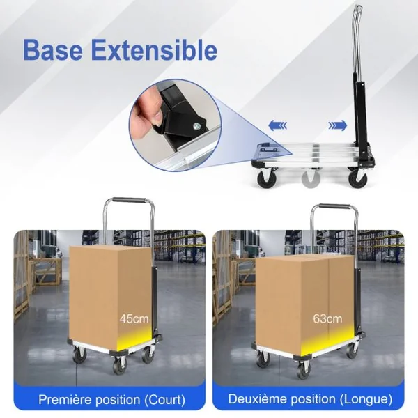 Chariot de Transport Pliable en Aluminium avec Plateau Extensible et Réglable en Hauteur Chariot à 4 Roulettes Pliable Charge 150 KG