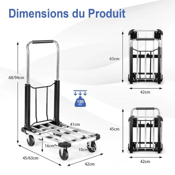Chariot de Transport Pliable en Aluminium avec Plateau Extensible et Réglable en Hauteur Chariot à 4 Roulettes Pliable Charge 150 KG