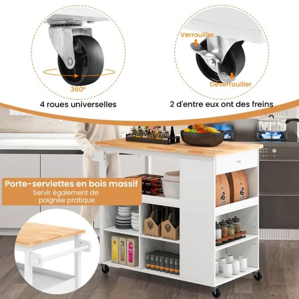 Chariot d'Îlot de Cuisine Roulant Comptoir en Bois d'Hévéa 4 Étagères Réglables Tiroir Porte-Épices Porte-Serviettes Roues Verrouillables Blanc