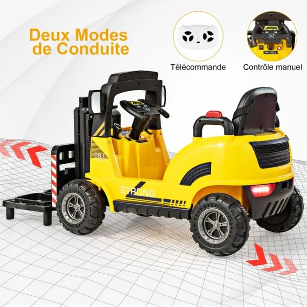 Chariot Elévateur Electrique Enfants 12V avec Fourche Véhicule de Construction avec Télécommande pour Enfants de 3 à 7 Ans Charge 30KG Jaune