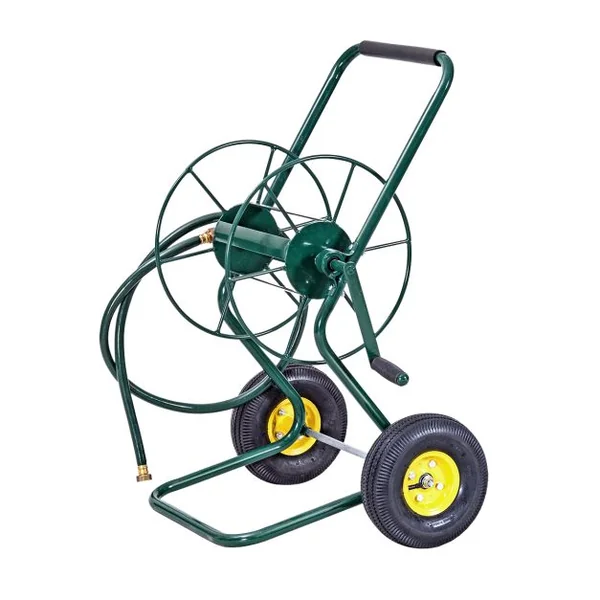 Chariot Enrouleur de Tuyau de Jardin avec 2 Roues Pneumatiques Contenant 61M de Tuyau de 1,9 CM Support de Stockage de Tuyau d'Eau Vert