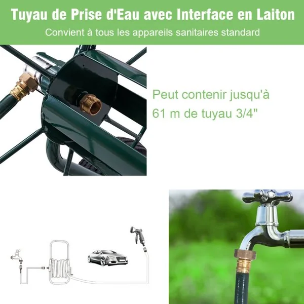 Chariot Enrouleur de Tuyau de Jardin avec 2 Roues Pneumatiques Contenant 61M de Tuyau de 1,9 CM Support de Stockage de Tuyau d'Eau Vert