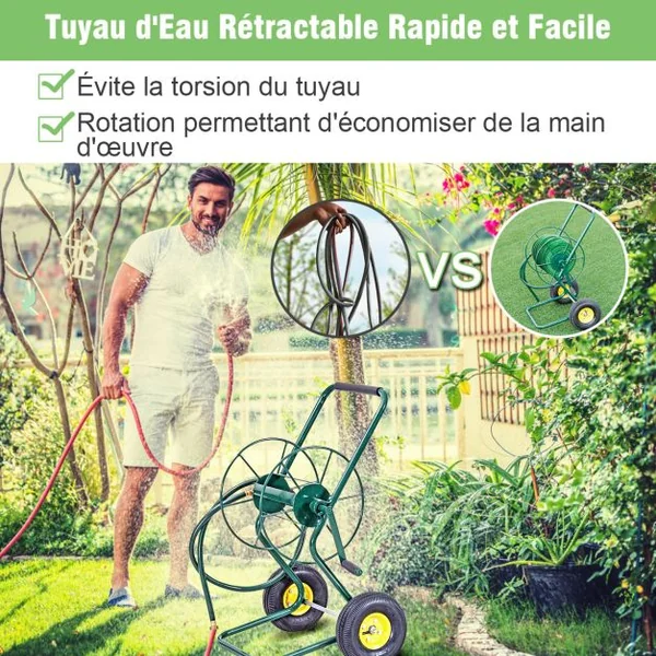 Chariot Enrouleur de Tuyau de Jardin avec 2 Roues Pneumatiques Contenant 61M de Tuyau de 1,9 CM Support de Stockage de Tuyau d'Eau Vert