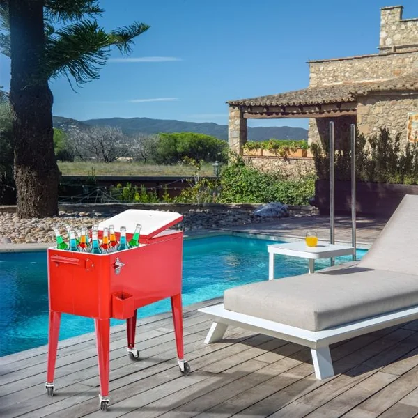 Chariot Isotherme Roulant de 76L Réfrigérant avec Roulettes Universelles Ouvre-bouteille Desserte Jardin pour Conserver Glace et Boissons