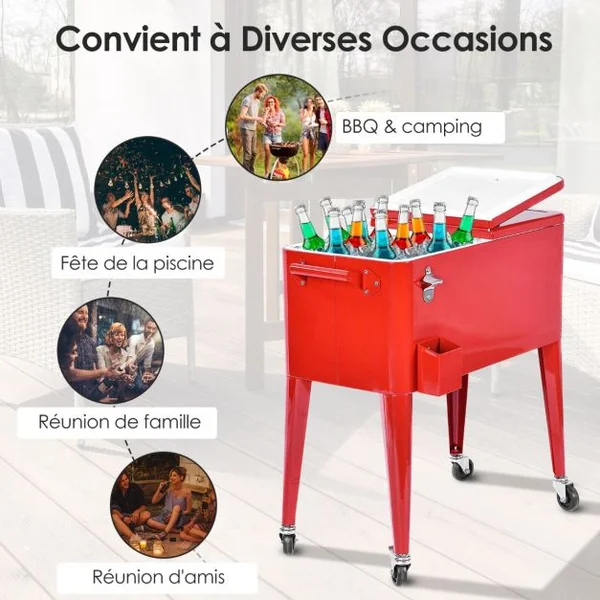 Chariot Isotherme Roulant de 76L Réfrigérant avec Roulettes Universelles Ouvre-bouteille Desserte Jardin pour Conserver Glace et Boissons