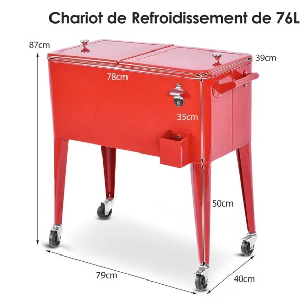 Chariot Isotherme Roulant de 76L Réfrigérant avec Roulettes Universelles Ouvre-bouteille Desserte Jardin pour Conserver Glace et Boissons