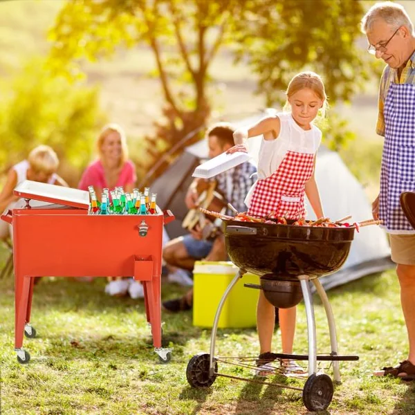 Chariot Isotherme Roulant de 76L Réfrigérant avec Roulettes Universelles Ouvre-bouteille Desserte Jardin pour Conserver Glace et Boissons