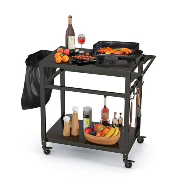 Chariot pour Plancha / Barbecue à 2 Etagères Desserte de Jardin sur Roulettes avec 4 Crochets 108 x 50,5 x 88 CM Noir
