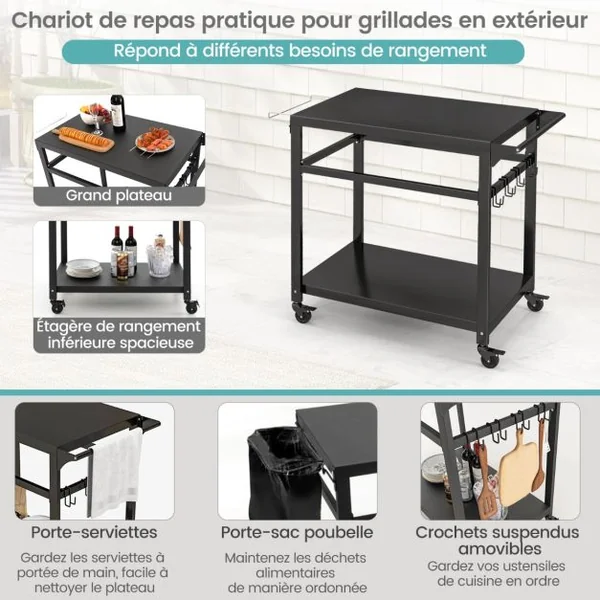 Chariot pour Plancha / Barbecue à 2 Etagères Desserte de Jardin sur Roulettes avec 4 Crochets 108 x 50,5 x 88 CM Noir