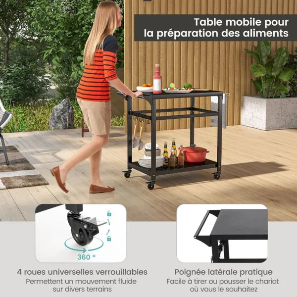 Chariot pour Plancha / Barbecue à 2 Etagères Desserte de Jardin sur Roulettes avec 4 Crochets 108 x 50,5 x 88 CM Noir