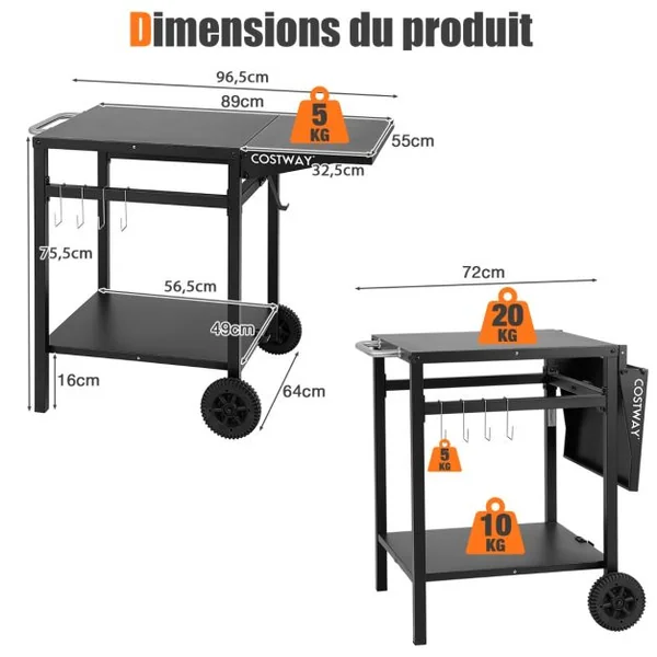 Chariot pour Plancha à Double Étagère avec Table Pliante Desserte de Jardin en Métal avec Crochets et Roues 96,5x64x75,5 CM