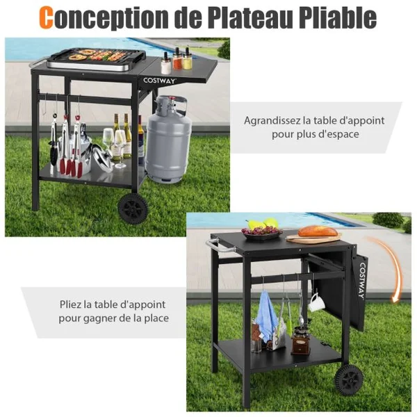 Chariot pour Plancha à Double Étagère avec Table Pliante Desserte de Jardin en Métal avec Crochets et Roues 96,5x64x75,5 CM